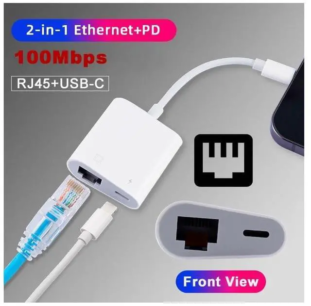 Alt view image 2 of 7 - Vszerda Type C USB-C to 100Mbps Networking RJ45 with PD Power Charge Adapter Compatible with Laptop Tablet Phone