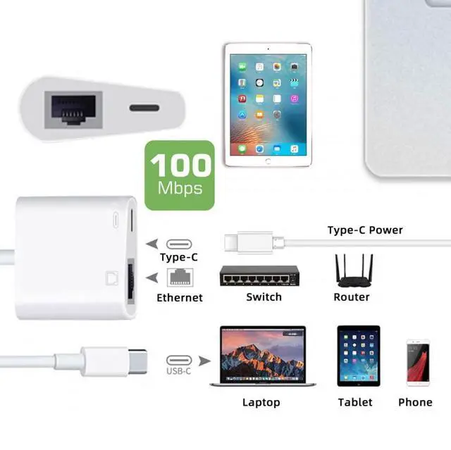 Alt view image 6 of 7 - Vszerda Type C USB-C to 100Mbps Networking RJ45 with PD Power Charge Adapter Compatible with Laptop Tablet Phone