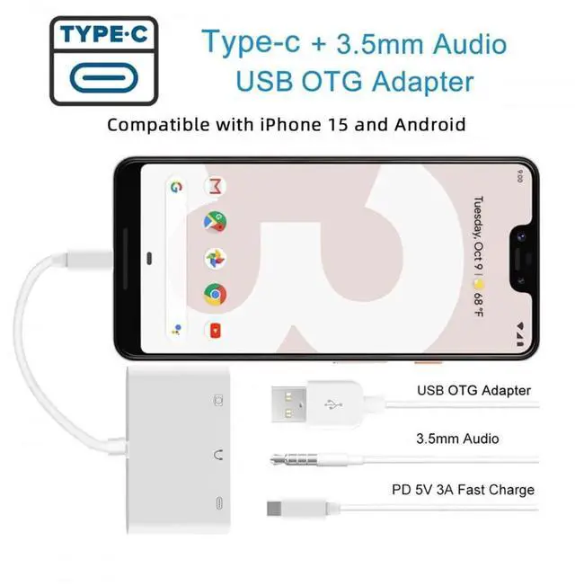 Alt view image 3 of 7 - Vszerda Type C USB-C to 3.5mm Audio AUX & Type-A USB2.0 OTG Female with PD Power Charge Adapter Compatible with Laptop Tablet Phone