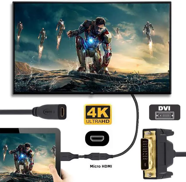 Alt view image 2 of 7 - Vszerda 20cm Micro HDMI 1.4 Type-D 4K to DVI 24+1 Cable -Male to Female Extension Cord for HDTV Graphics Card UHD Black