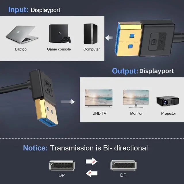 Alt view image 5 of 7 - Vszerda Ultrafine Up Angled DisplayPort 1.4 DP to DP Cable 8K 60Hz 100cm for Desktop Laptop Monitor