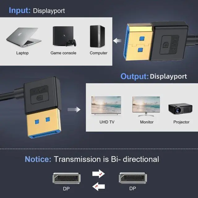 Alt view image 5 of 7 - Vszerda Cable Ultrafine Right Angled DisplayPort 1.4 DP to DP Cable 8K 60hz Cable Ultra-HD UHD 4K 144hz 90 Degree for Desktop Laptop Monitor (100cm), Black