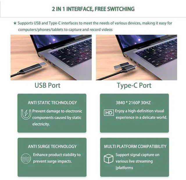Alt view image 4 of 7 - Vszerda 4K HDMI to USB 3.0 Type C Video Capture Card 1080P 60FPS Cam Link Capture Adapter Screen Record Device for Streaming, Gaming, Video Conference, Teaching, Live Broadcasting