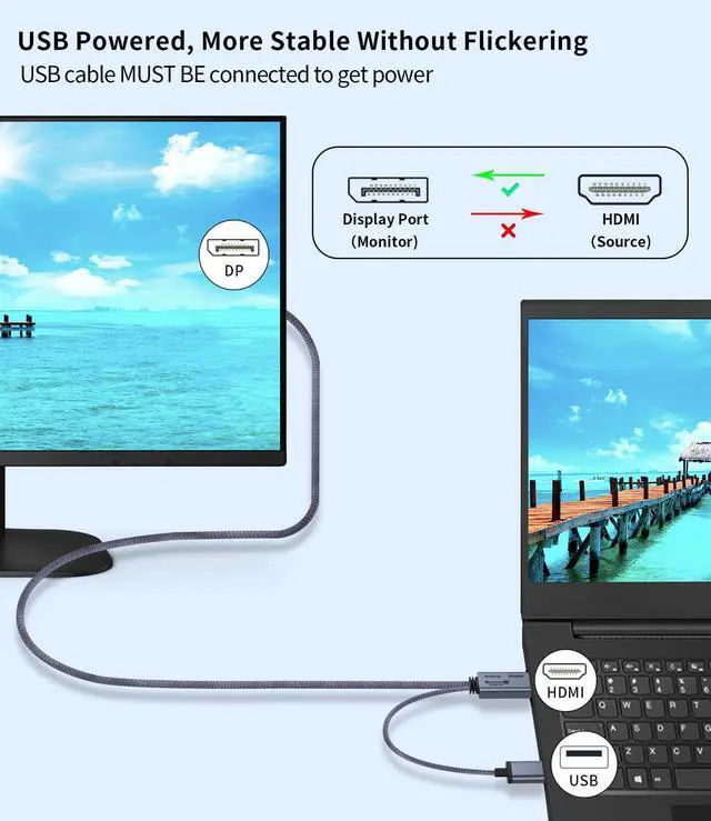 Alt view image 2 of 6 - Vszerda HDMI to Displayport Adapter 4K@60Hz, 2K@120Hz, 1080P@165Hz, HDMI Male Source to DisplayPort Male Monitor Cable, HDMI to DP with USB Power Cable Compatible with PS5, Xbox, Switch, Laptop 3.3ft