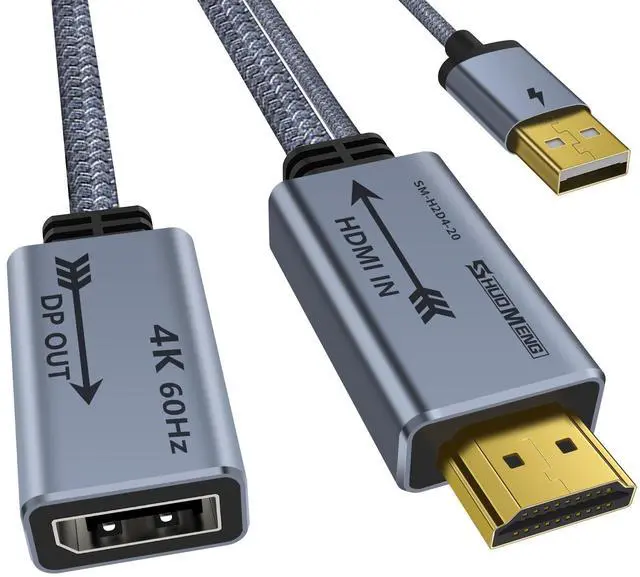 Main image of Vszerda HDMI to Displayport Adapter 4K@60Hz, 2K@120Hz, 1080P@165Hz, HD (PC/Laptop) Male to DP (Monitor) Female Cable with USB Power Compatible with GPU,Laptop,AMD,NVIDIA,PS5,Xbox 20cm/0.65ft