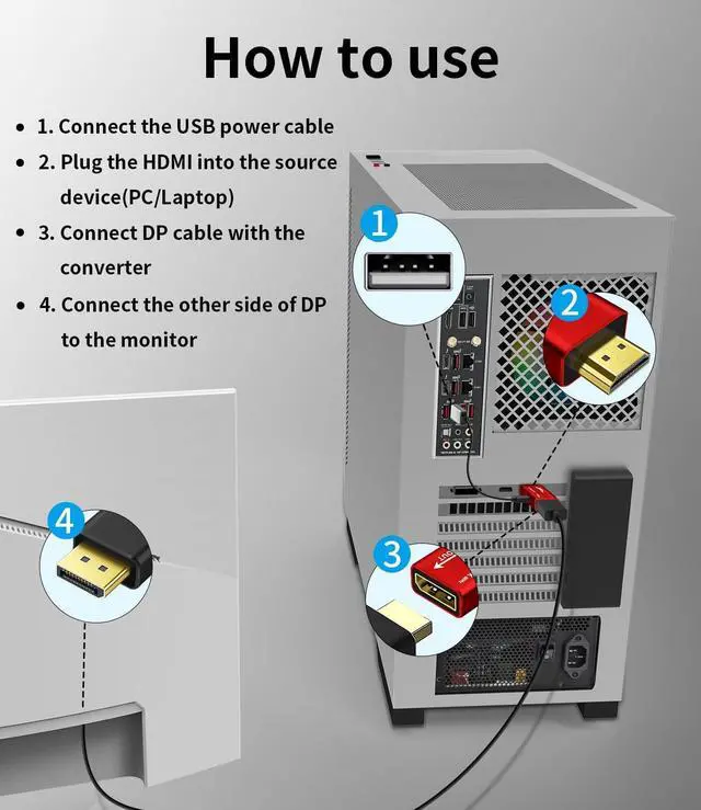 Alt view image 4 of 7 - Vszerda HDMI to DisplayPort Adapter, 4K@60Hz, 1080p@120Hz, HDMI computer to DP monitor Converter with usb power, Compatible with, Laptop, AMD, NVIDIA, PS5, Xbox, Graphics Card, Aluminium case (1pack)