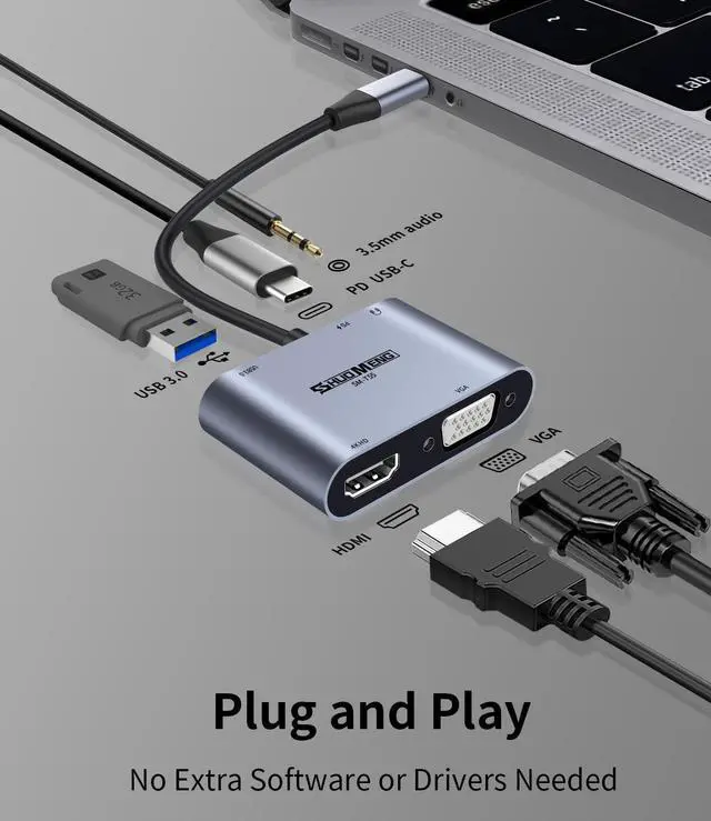 Alt view image 3 of 7 - 5 in 1 USB C Hub, Type c to VGA HDMI MultiPort Adapter, 4K HDMI, VGA, 100W PD, USB3.0 Port, Audio Jack, Compatible with Switch/Steam Deck/Rog Ally/iPhone 15 16/MacBook Pro/Air/iPad Pro, iMac, S23