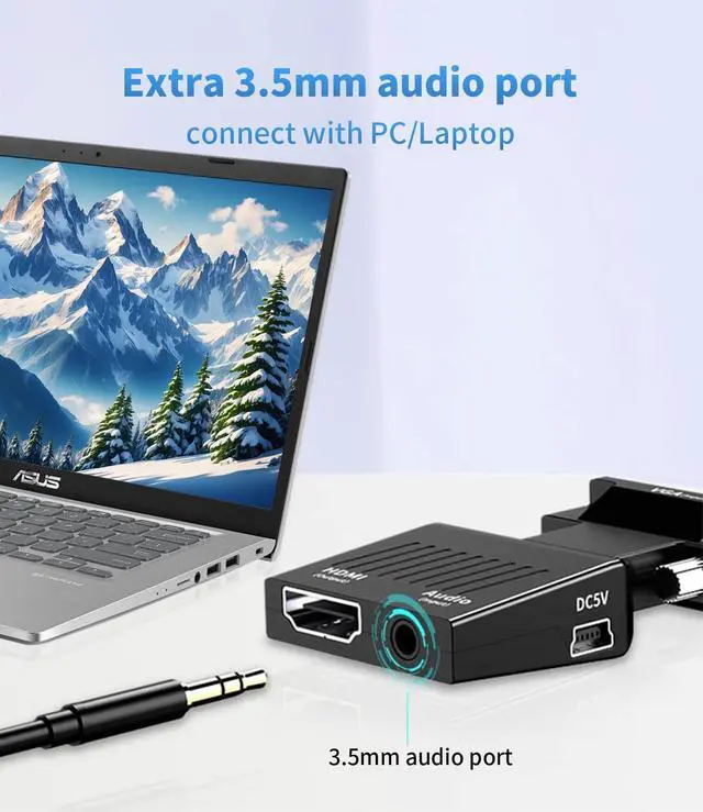 Alt view image 3 of 6 - Vszerda VGA Computer to HDMI Monitor Adapter with 3.5mm Audio, VGA Source to HDMI Display Converter, Male to Female 1080P@60Hz Dongle adaptador for Computer,Laptop,Projector (Uni-Directional)