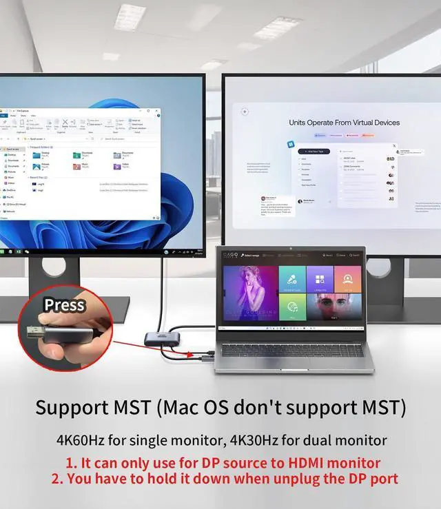 Alt view image 2 of 7 - DisplayPort to Dual HDMI Adapter, 4K@60Hz male DP computer to female HDMI monitor for 2 Monitors, 1 in 2 out MST Display converter with lock, for PC Laptop splitter , NVIDIA, AMD Graphics Card