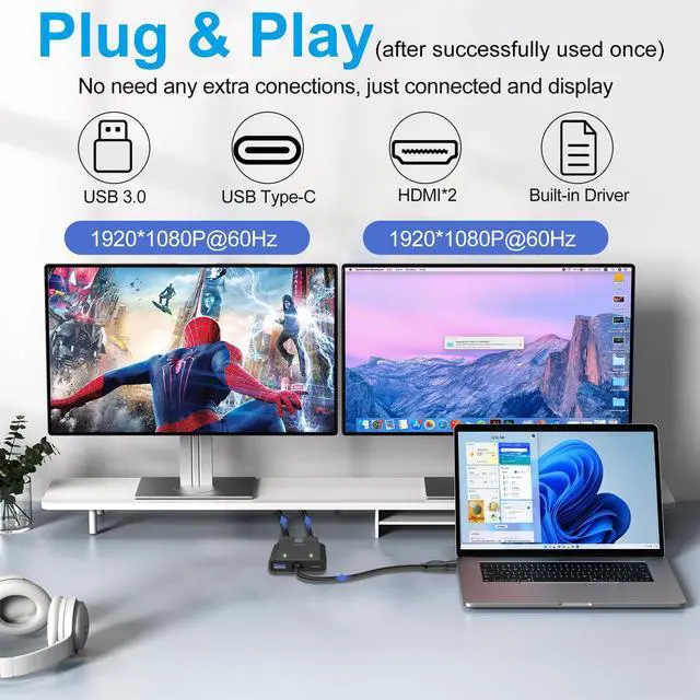 Alt view image 5 of 7 - Vszerda USB to HDMI Adapter [1080P Full HD] HDMI Splitter for Dual Monitors USB 3.0 to Extended Display Converter 1 in 2 Out Multiple Screen Extender for MacOS/Windows 11/10/8/7 Laptops