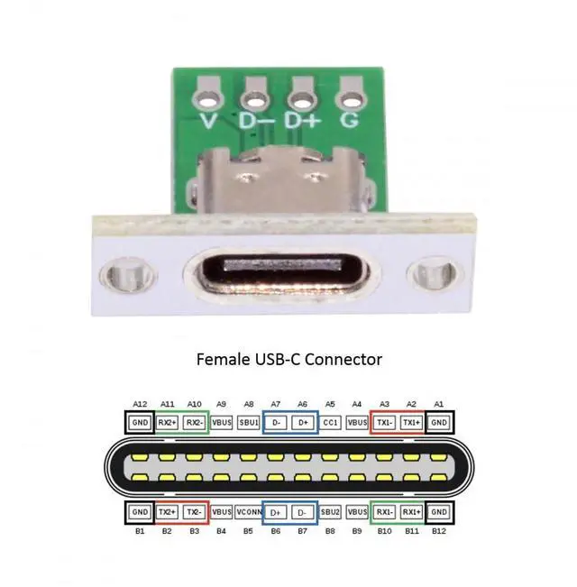 Alt view image 4 of 6 - Vszerda Connector 5pcs/Set DIY OEM Type C Female Socket Connector Panel Mount Type with PC Board 24pin USB 2.0 Pinout