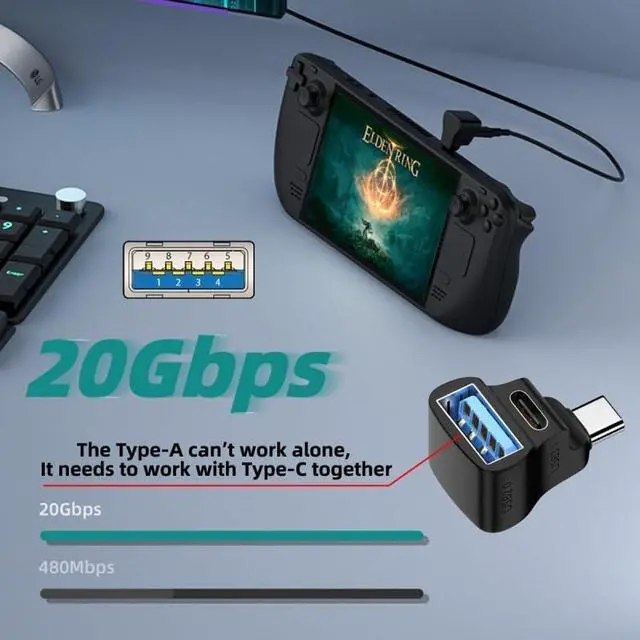 Alt view image 7 of 7 - Vszerda Adapter 10Gbps USB3.0 Type C Male to Dual Type-A OTG & Type-C Female Power Data Splitter Adapter Angled Compatible with Steam Deck Laptop