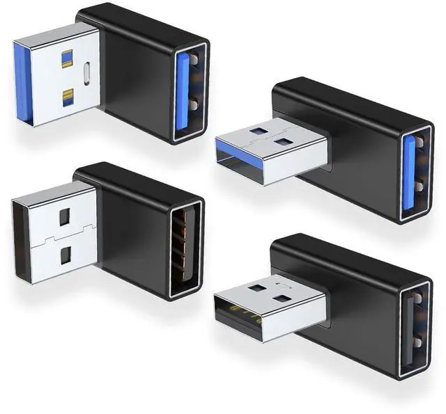 Main image of Vszerda 90 Degree USB 3.0 Adapter 4 Pack, Up and Down Angle, Left and Right Angle USB A Male to Female Converter Extender for PC, Laptop, USB A Charger, Power Bank and More (Black)