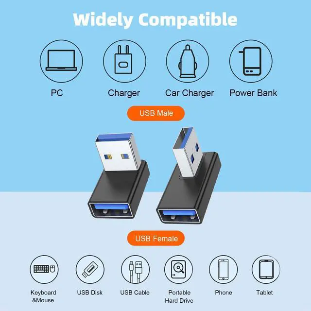 Alt view image 5 of 7 - Vszerda 90 Degree USB 3.0 Adapter 4 Pack, Up and Down Angle, Left and Right Angle USB A Male to Female Converter Extender for PC, Laptop, USB A Charger, Power Bank and More (Black)