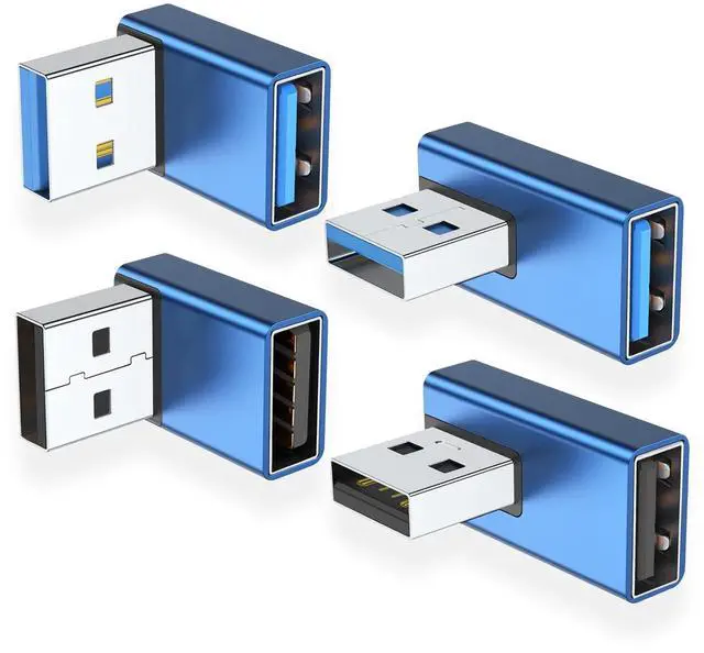Main image of Vszerda 90 Degree USB 3.0 Adapter 4 Pack, Up and Down Angle, Left and Right Angle USB A Male to Female Converter Extender for PC, Laptop, USB A Charger, Power Bank and More (Blue)