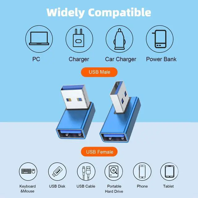 Alt view image 5 of 7 - Vszerda 90 Degree USB 3.0 Adapter 4 Pack, Up and Down Angle, Left and Right Angle USB A Male to Female Converter Extender for PC, Laptop, USB A Charger, Power Bank and More (Blue)