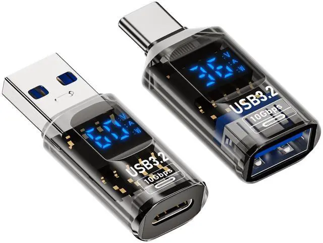 Main image of Vszerda 2 Pack USB to USB C Adapter with LED Display, USB C to USB 3.2 Adapter for iPhone 15/15 Plus/15 Pro/15 Pro Max, iPad Air/Pro, MacBook, Support Current, Voltage and Power Smart Display