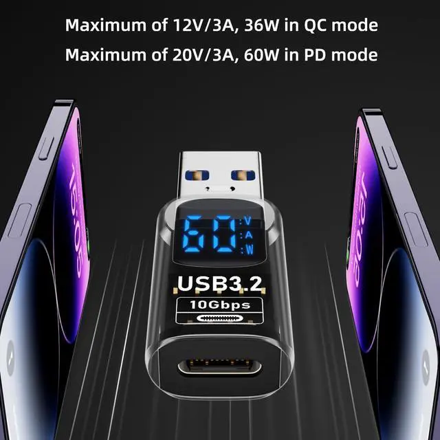 Alt view image 3 of 6 - Vszerda 2 Pack USB to USB C Adapter with LED Display, USB C to USB 3.2 Adapter for iPhone 15/15 Plus/15 Pro/15 Pro Max, iPad Air/Pro, MacBook, Support Current, Voltage and Power Smart Display