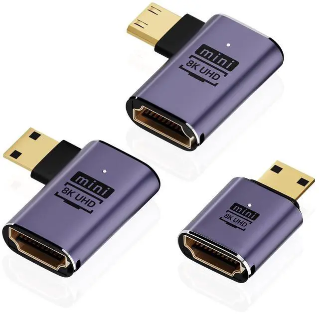 Main image of Vszerda 8K Mini HDMI to HDMI Adapter (3 Pack), 90 Degree Left and Right Angle Mini HDMI Male to HDMI Female Cable for Raspberry Pi Zero, DSLR Camera, Camcorder, HDTV, Projector, Laptop and Tablet