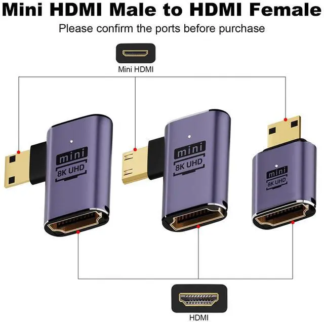 Alt view image 2 of 11 - Vszerda 8K Mini HDMI to HDMI Adapter (3 Pack), 90 Degree Left and Right Angle Mini HDMI Male to HDMI Female Cable for Raspberry Pi Zero, DSLR Camera, Camcorder, HDTV, Projector, Laptop and Tablet