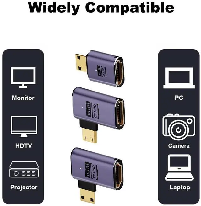 Alt view image 5 of 11 - Vszerda 8K Mini HDMI to HDMI Adapter (3 Pack), 90 Degree Left and Right Angle Mini HDMI Male to HDMI Female Cable for Raspberry Pi Zero, DSLR Camera, Camcorder, HDTV, Projector, Laptop and Tablet