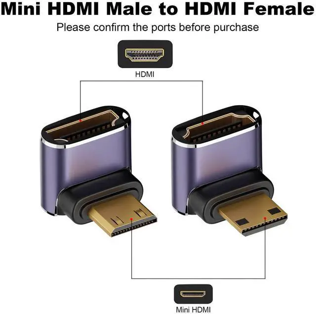 Alt view image 2 of 6 - Vszerda 8K Mini HDMI to HDMI Adapter (2 Pack), Up and Down 90 Degree Right Angle Mini HDMI Male to HDMI Female Converter Connector for Raspberry Pi Zero, DSLR Camera, Camcorder, HDTV, Projector