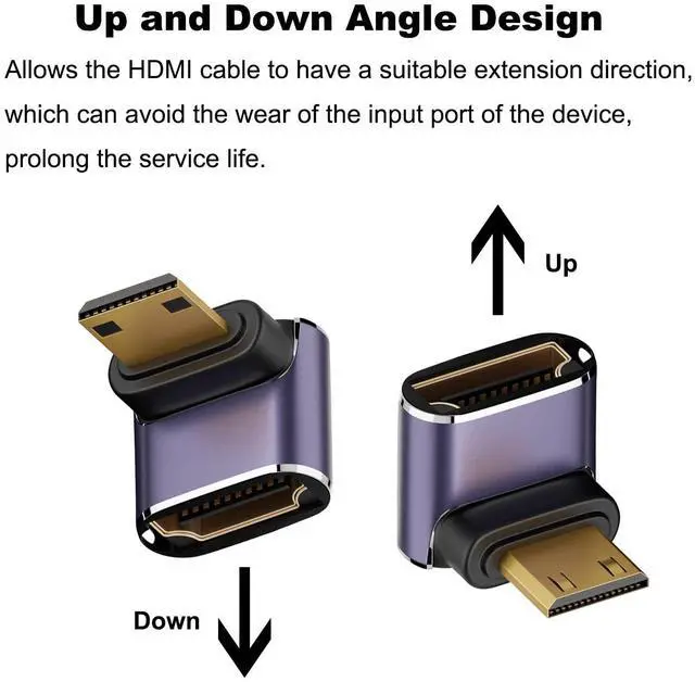 Alt view image 3 of 6 - Vszerda 8K Mini HDMI to HDMI Adapter (2 Pack), Up and Down 90 Degree Right Angle Mini HDMI Male to HDMI Female Converter Connector for Raspberry Pi Zero, DSLR Camera, Camcorder, HDTV, Projector