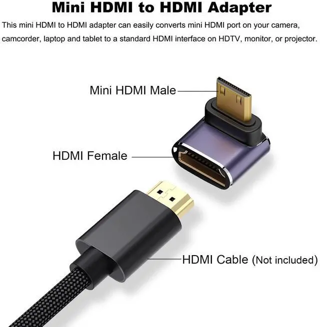 Alt view image 4 of 6 - Vszerda 8K Mini HDMI to HDMI Adapter (2 Pack), Up and Down 90 Degree Right Angle Mini HDMI Male to HDMI Female Converter Connector for Raspberry Pi Zero, DSLR Camera, Camcorder, HDTV, Projector