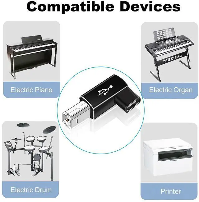 Alt view image 2 of 4 - Vszerda 2 Pack USB B to USB C Adapter, 90 Degree Right Angle Type C Female to MIDI Converter Compatible with Printer, Electric Piano, Laptops and More Type-C Devices