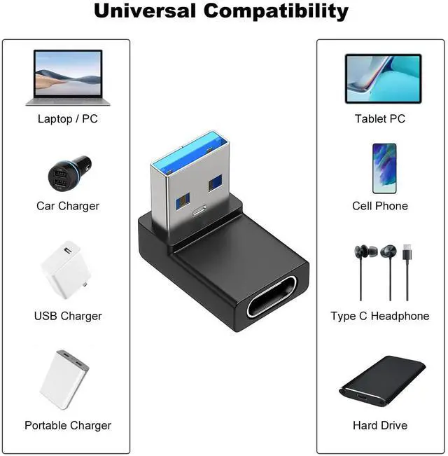 Alt view image 5 of 7 - Vszerda 2 Pack Right Angle USB A to USB C Adapter, 90 Degree Up and Down Angle USB 3.0 Male to Type C Female Connector for PC, Laptop, Tablet and Phones