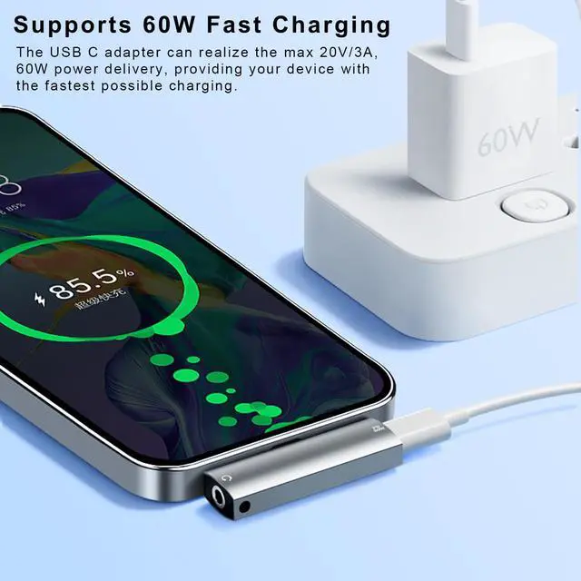 Alt view image 3 of 6 - Vszerda USB C to 3.5mm Headphone and Charger Adapter, 2-in-1 USB Type C to Aux Audio Jack with PD 60W Fast Charging Splitter Dongle for iPhone 15/16 Series, iPad, Galaxy, Note, Pixel and More