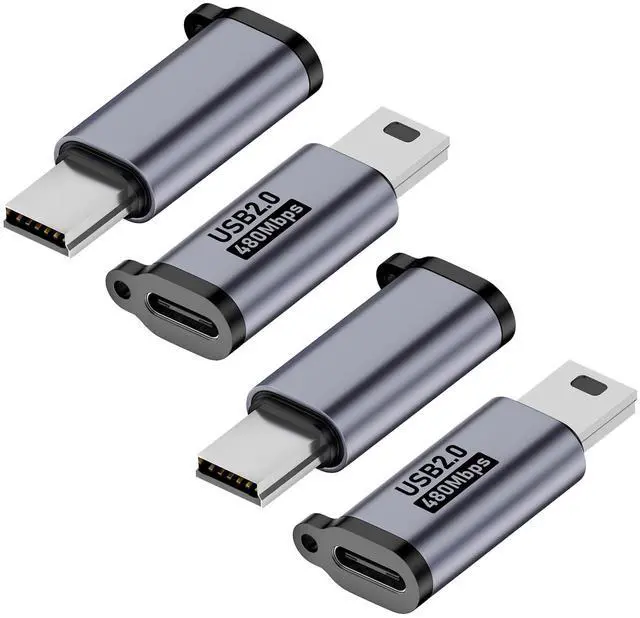 Main image of Vszerda Mini USB 2.0 to USB C Adapter (4 Pack), USB Type C Female to Mini USB Male Converter Connector for Digital Camera, MP3 Players, Dash Cam, GPS Receiver and More (Grey)
