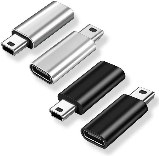 Main image of Vszerda Mini USB 2.0 to USB C Adapter (4 Pack), USB Type C Female to Mini USB Male Converter Connector for Digital Camera, MP3 Players, Dash Cam, GPS Receiver and More (Black+Silver)