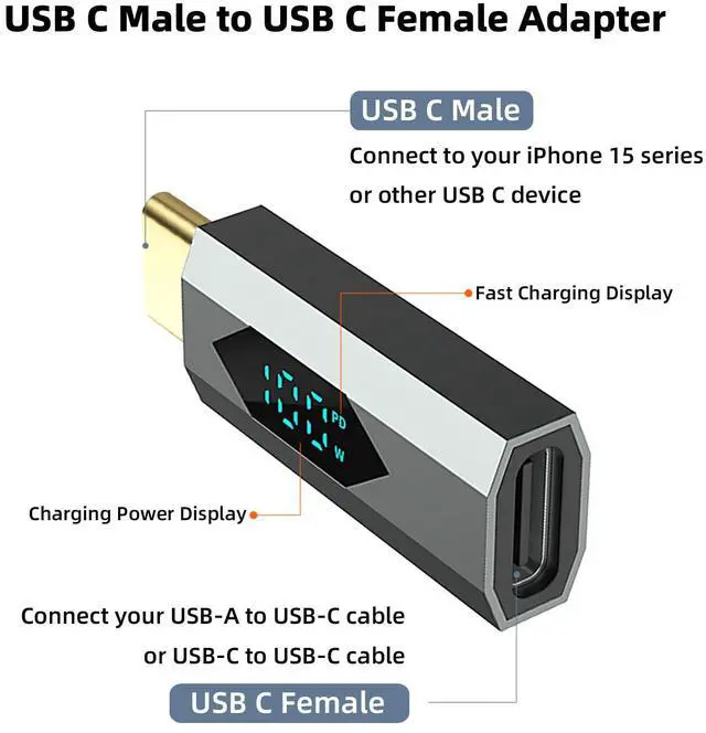 Alt view image 2 of 6 - Vszerda 2 Pack USB-C Male to USB-C Female Adapter, PD 100W Type C Power Meter Tester with LED Wattage Digital Display for iPhone 15 Series,iPad Air/Pro,MacBook and More (Grey)