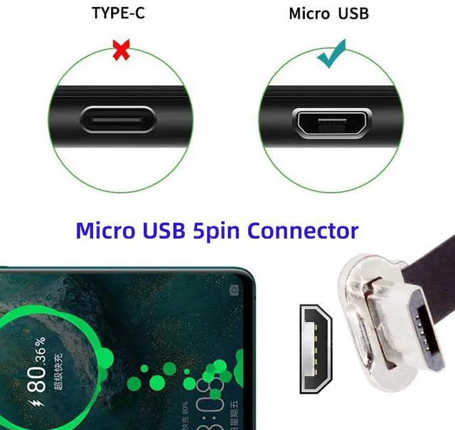 Alt view image 5 of 7 - Vszerda Micro USB2.0 Male to Micro USB Male 5Pin Ultra Slim Flat Data Charge Cable 16cm Down to Up Angle 90 Degree Connector