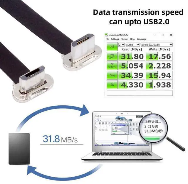 Alt view image 3 of 7 - Vszerda Micro USB2.0 Male to Micro USB Male 5Pin Ultra Slim Flat Data Charge Cable 16cm Down to Up Angle 90 Degree Connector