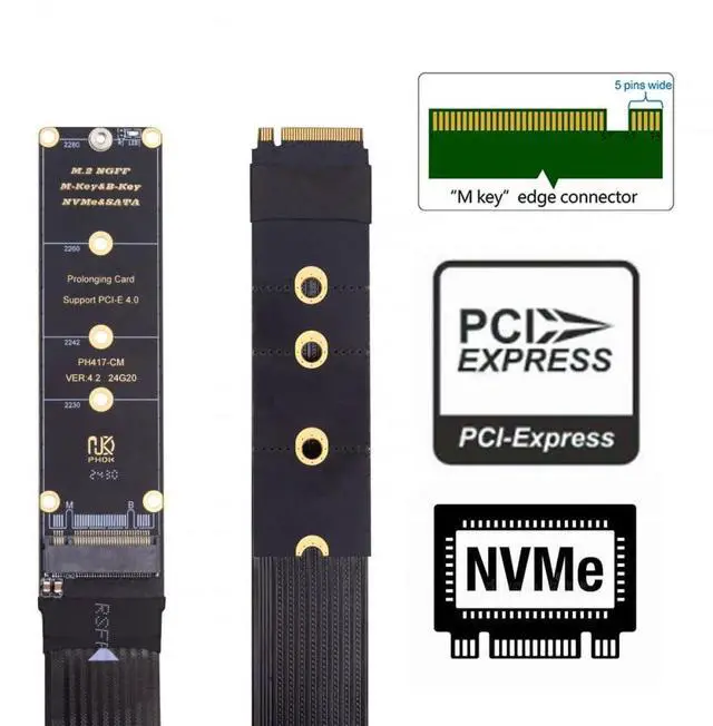 Alt view image 2 of 7 - Vszerda Adapter NGFF M-Key NVME Male to Female Extension PCI Express Cable 30cm PCI-E 4.0 for Mainboard SSD 2230/2242/2260/2280