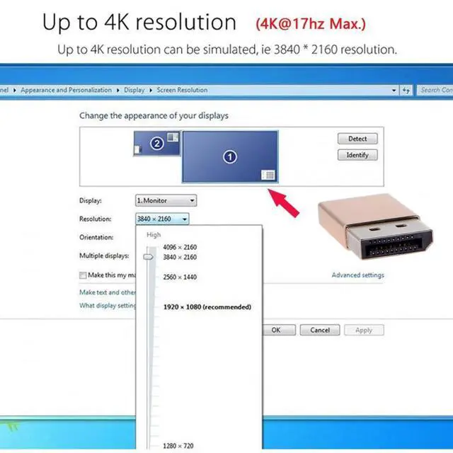 Alt view image 5 of 7 - Vszerda Adapter Virtual Display Adapter 4K DP Displayport DDC EDID Dummy Plug Headless Ghost Display Emulator HDTV Gold Color 4K@17Hz