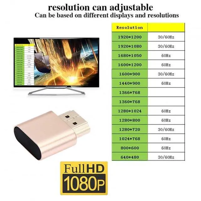 Alt view image 4 of 7 - Vszerda Adapter Virtual Display Adapter 4K HDMI 1.4 DDC EDID Dummy Plug Headless Ghost Display Emulator HDTV Gold Color 4K@60Hz