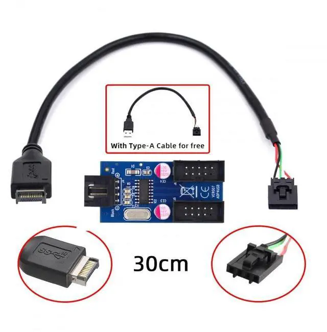 Alt view image 2 of 7 - Vszerda Cable USB 3.1 Front Panel Header Type-E to 4pin IDC Housing USB Type-A Male 1 to 2 Female Motherboard 9pin Header HUB Adapter Port Multiplier