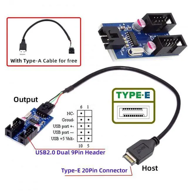 Alt view image 4 of 7 - Vszerda Cable USB 3.1 Front Panel Header Type-E to 4pin IDC Housing USB Type-A Male 1 to 2 Female Motherboard 9pin Header HUB Adapter Port Multiplier
