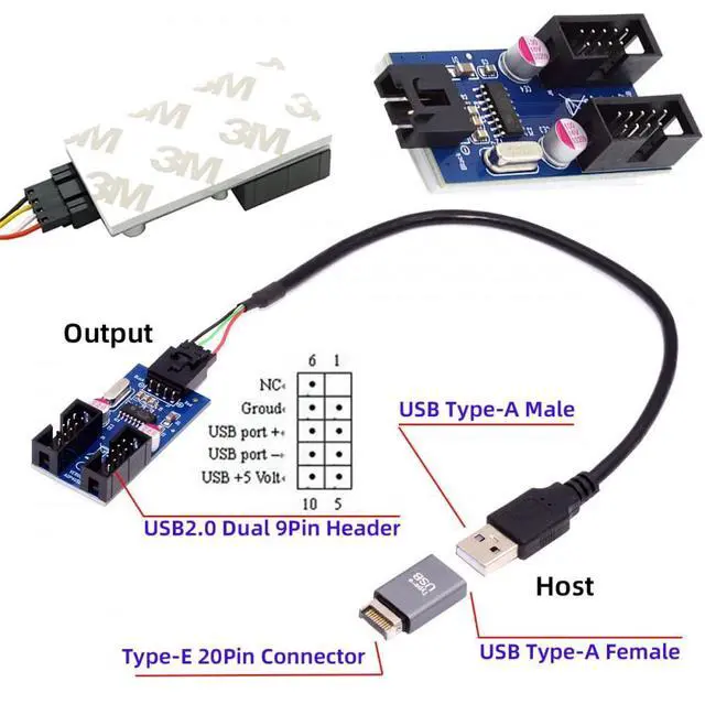 Alt view image 6 of 7 - Vszerda Cable USB 3.1 Front Panel Header Male Type-E to USB 2.0 Type-A Male 1 to 2 Female Motherboard 9pin 10pinHeader HUB Adapter Port Multiplier