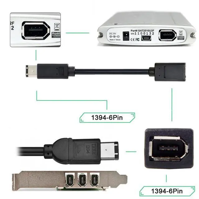 Alt view image 4 of 7 - Vszerda IEEE 1394 6Pin Female to 1394a 6Pin Male Extension Data Video Capture Card Firewire 400 to 400 Cable 20cm