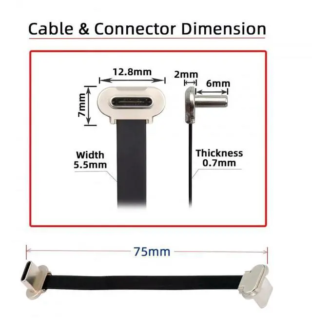 Alt view image 2 of 7 - Vszerda Cable Angled USB-C Type C to USB-C Ultra Slim Flat Power USB2.0 Data Cable 65W Fast Charge for Laptop Tablet Phone 7cm