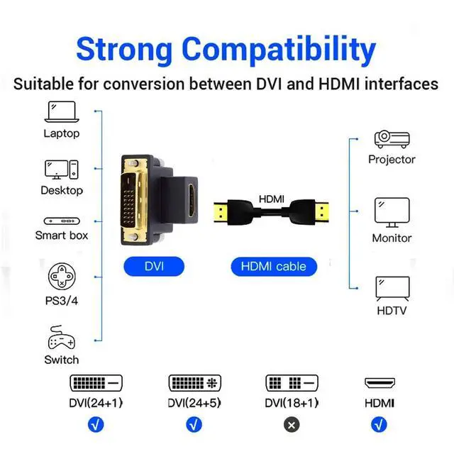 Alt view image 6 of 7 - Vszerda DVI Male to HDMI Female Adapter 90 Degree Up Angled 4K 1080P for Computer HDTV Graphics Card