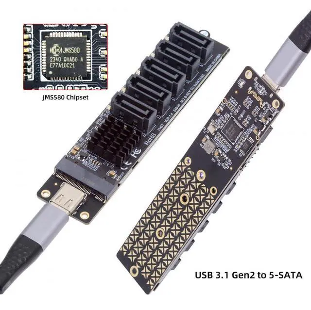 Alt view image 2 of 7 - Vszerda Adapter 10Gbps USB-C Type-C to NGFF Key B+M SATA 6Gbps 5 Ports Adapter Converter PM Port Multiplier Selector JMB575 JMS580