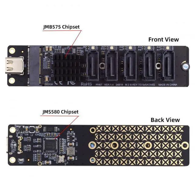 Alt view image 3 of 7 - Vszerda Adapter 10Gbps USB-C Type-C to NGFF Key B+M SATA 6Gbps 5 Ports Adapter Converter PM Port Multiplier Selector JMB575 JMS580