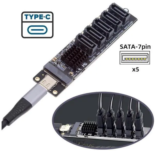 Alt view image 5 of 7 - Vszerda Adapter 10Gbps USB-C Type-C to NGFF Key B+M SATA 6Gbps 5 Ports Adapter Converter PM Port Multiplier Selector JMB575 JMS580