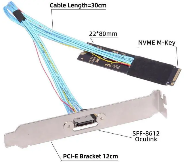 Alt view image 2 of 7 - Vszerda 2280 NGFF PCI-E4.0 M.2 M-Key to Oculink SFF-8612 SFF-8611 Host Cable 30cm with Bracket for NVME U.2 SSD Egpu