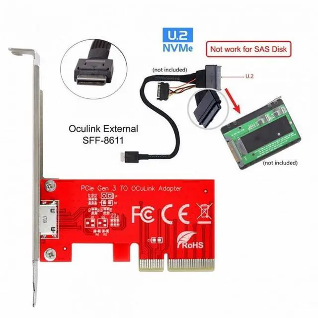 Alt view image 5 of 7 - Vszerda Card PCI-E 3.0 Express 4.0 x4 to Oculink External SFF-8612 SFF-8611 Host Adapter for PCIe SSD with Bracket